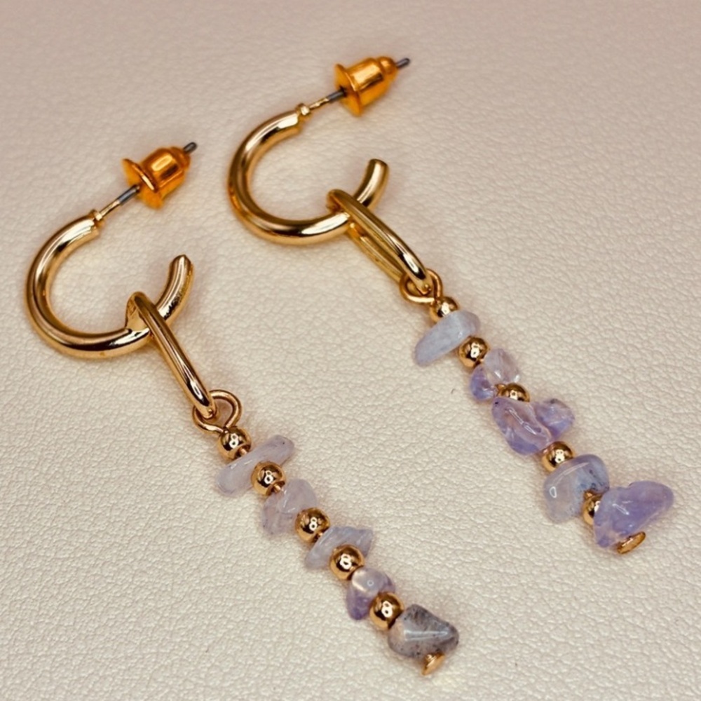 Elegant Gold and Natural Gemstones Dangle Drop Beaded Hoop Earrings
